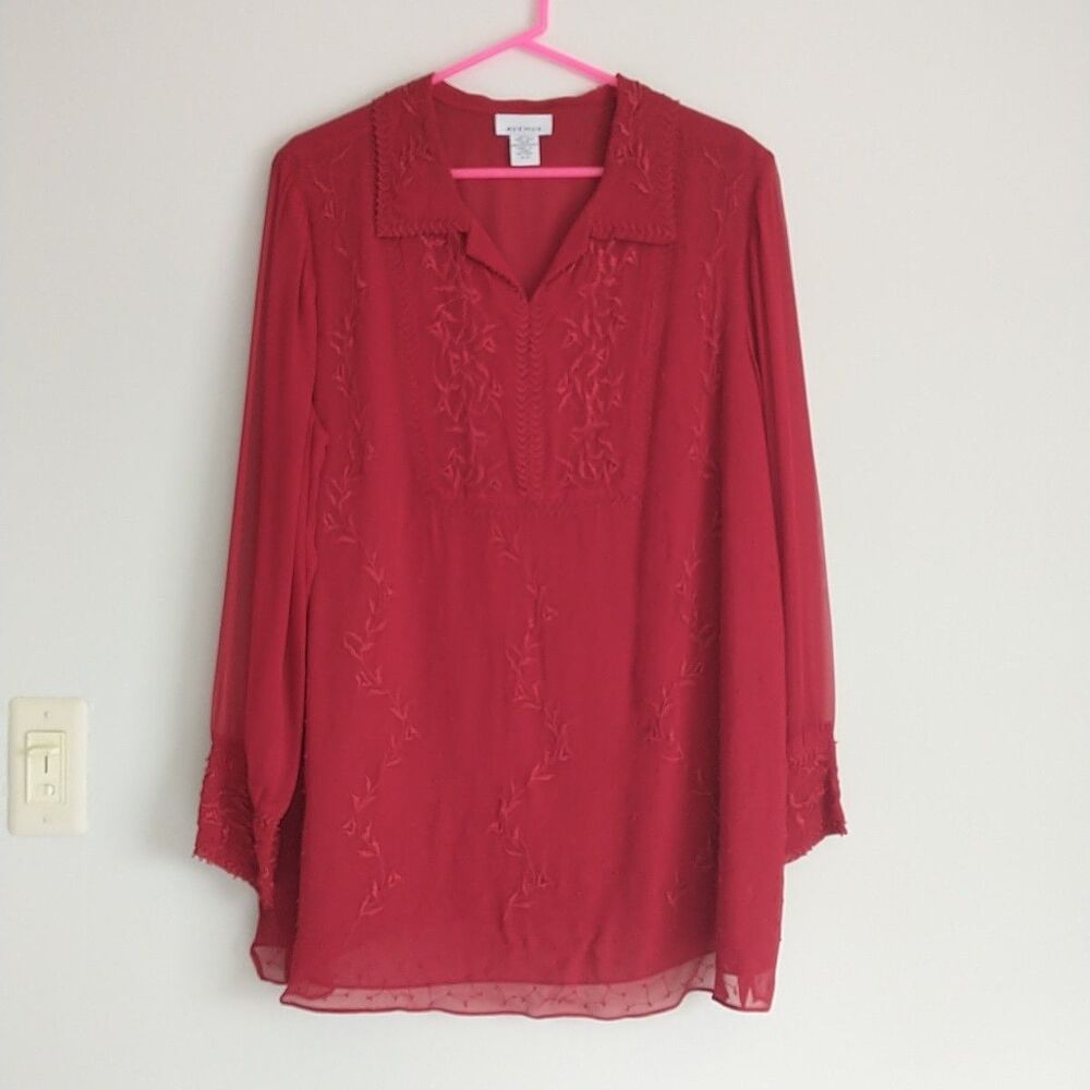 Avenue Blouse Top Popover Tunic Women 18/20 1X Red Floral Silk Beaded Embroidery